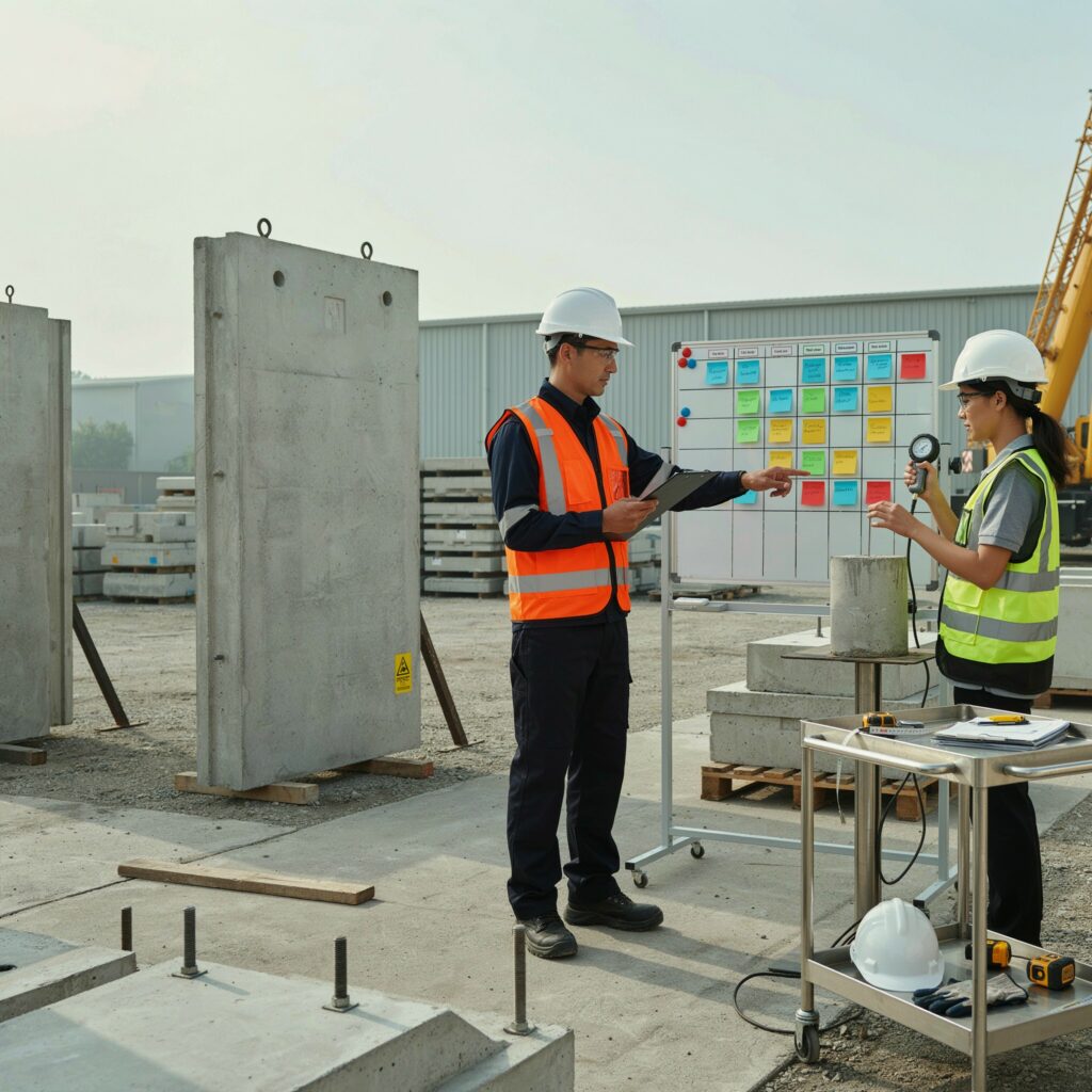 escena profesional específica de QA/QC en Prefabricados y Ensayos, mostrando QA/QC en Prefabricados, Ensayos y el uso de Takt boards en un contexto real de obra, prefabricación y montaje que requieren flujo fiable de materiales y recursos. Composición horizontal, limpia, premium y realista; sin textos incrustados ni iconografía genérica.