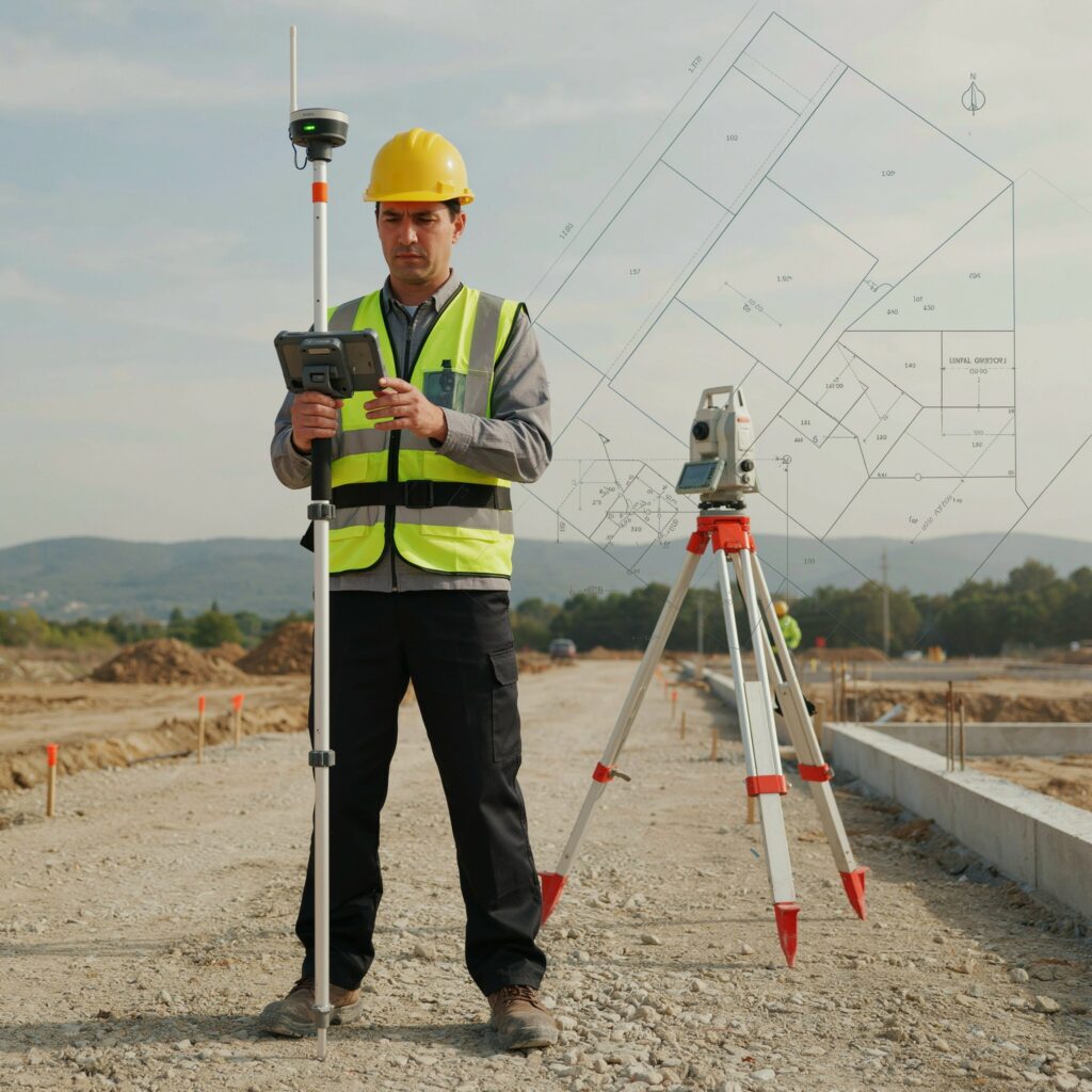 Másters Gutec escena profesional realista centrada en Redes de control y georreferenciación, incorporando elementos visuales de Parcelación, segregación y geometría legal y el uso de GNSS/RTK y estación total. Composición horizontal, premium y técnica, sin textos incrustados ni iconografía genérica.