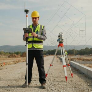 escena profesional realista centrada en Redes de control y georreferenciación, incorporando elementos visuales de Parcelación, segregación y geometría legal y el uso de GNSS/RTK y estación total. Composición horizontal, premium y técnica, sin textos incrustados ni iconografía genérica.