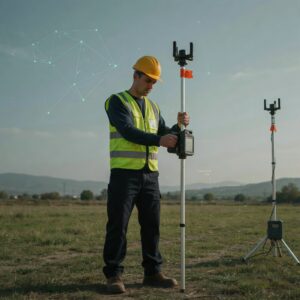 escena profesional realista centrada en GNSS estático, RTK y PPK, incorporando elementos visuales de Ajuste de observaciones y mínimos cuadrados y el uso de GNSS/RTK. Composición horizontal, premium y técnica, sin textos incrustados ni iconografía genérica.