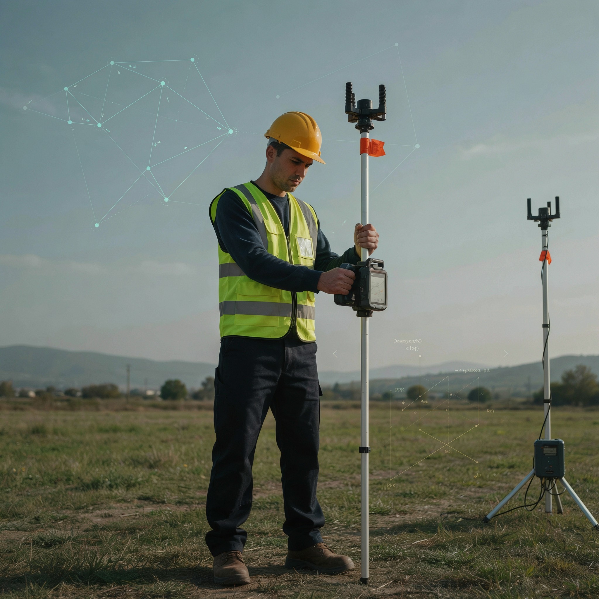 escena profesional realista centrada en GNSS estático, RTK y PPK, incorporando elementos visuales de Ajuste de observaciones y mínimos cuadrados y el uso de GNSS/RTK. Composición horizontal, premium y técnica, sin textos incrustados ni iconografía genérica.